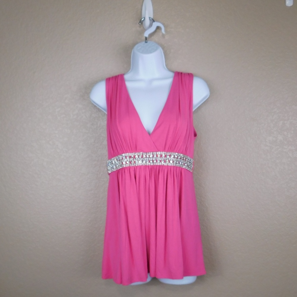 Boston Proper Pink V-Neck Jeweled Empire Waist Top